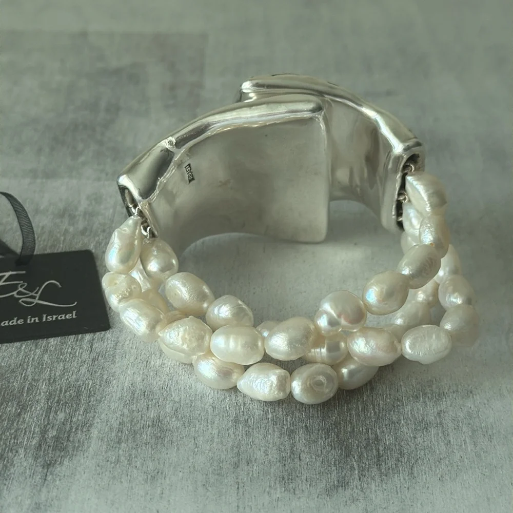 E&L 925 Sterling Silver Israel Fresh Water Pearl Electroform Magnetic Bracelet